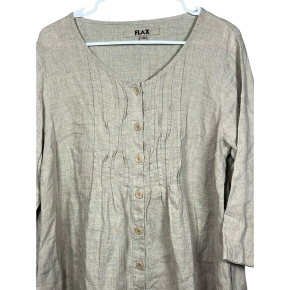 Flax (S) Linen Top Oversized Natural Pleated Tunic Dress Button Shirt W/Pockets - Picture 2 of 12